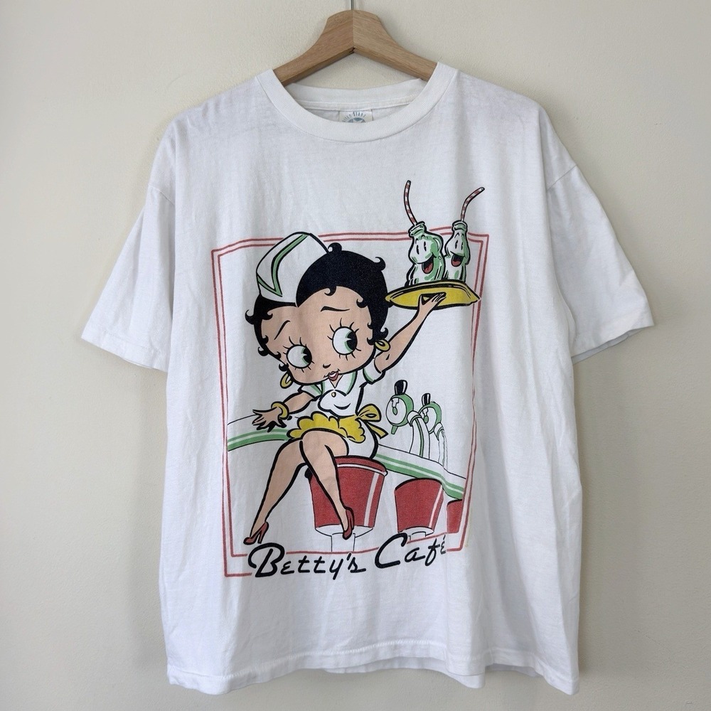 Vintage 90's Betty Boop Cafe Diner Art Single Stitch White Tee Shirt Boxy Large